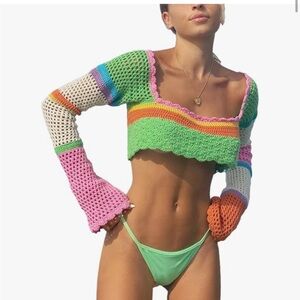 Y2K Knitted Long Sleeve Colorful Crop Crochet Top One Size S/M